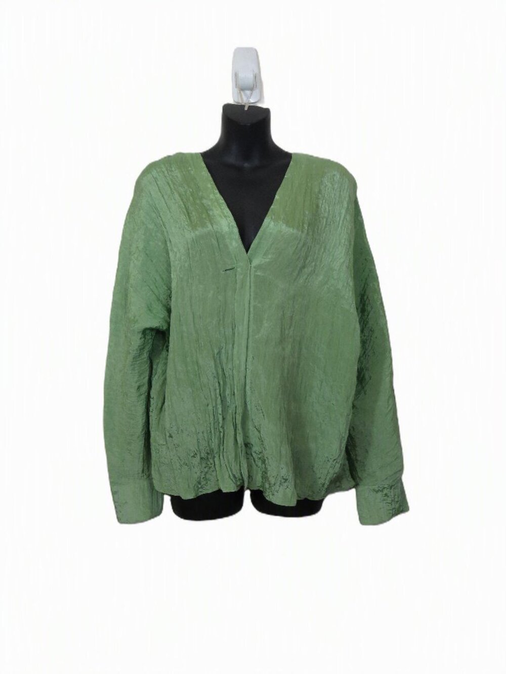Vince sz Medium Double V Neck Long Sleeve Blouse Green Pistachio Crinkle Fabric